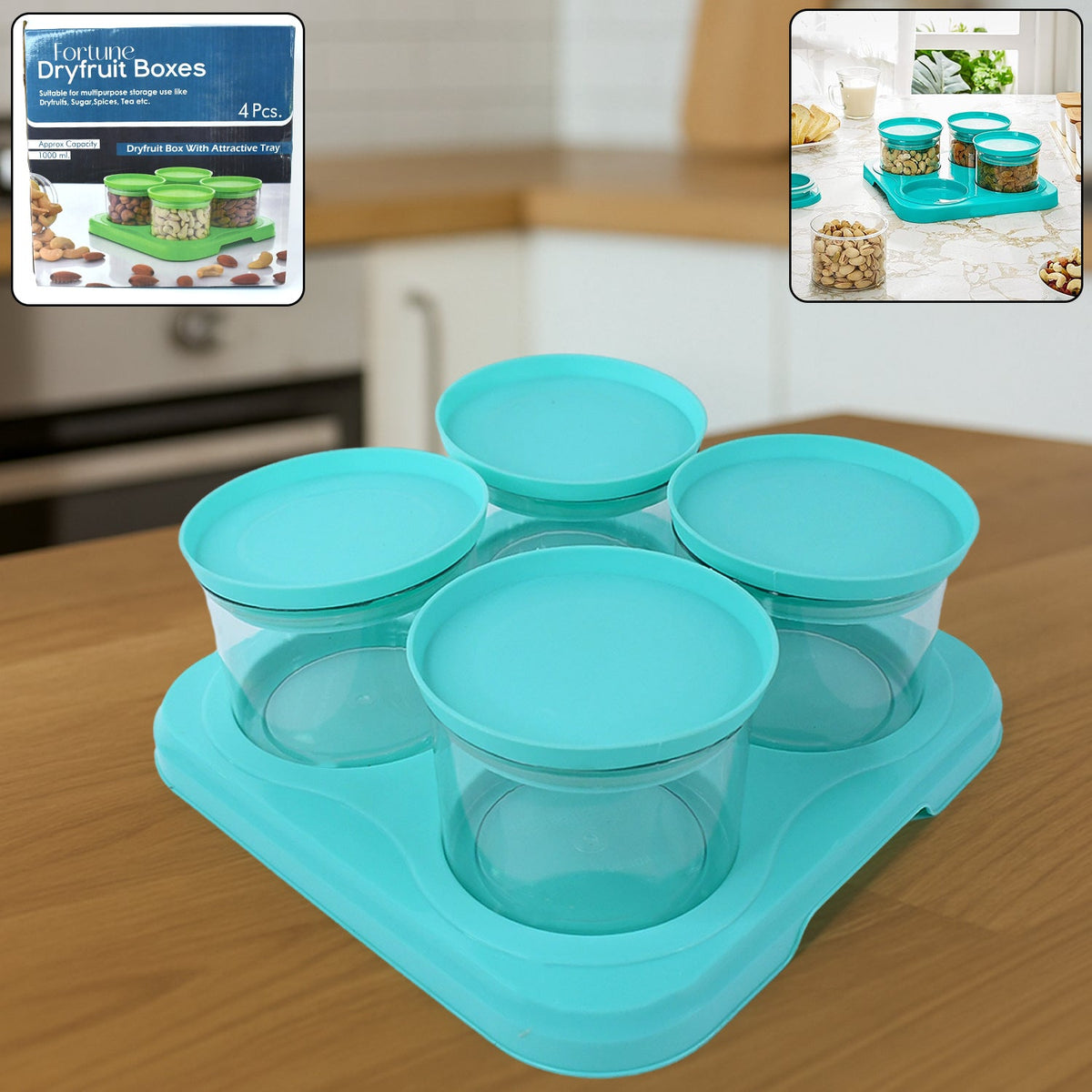 Mukhwas Dani Set Ð Airtight 4 Pc Jars with Stylish Tray by Organivo on a kitchen counter.