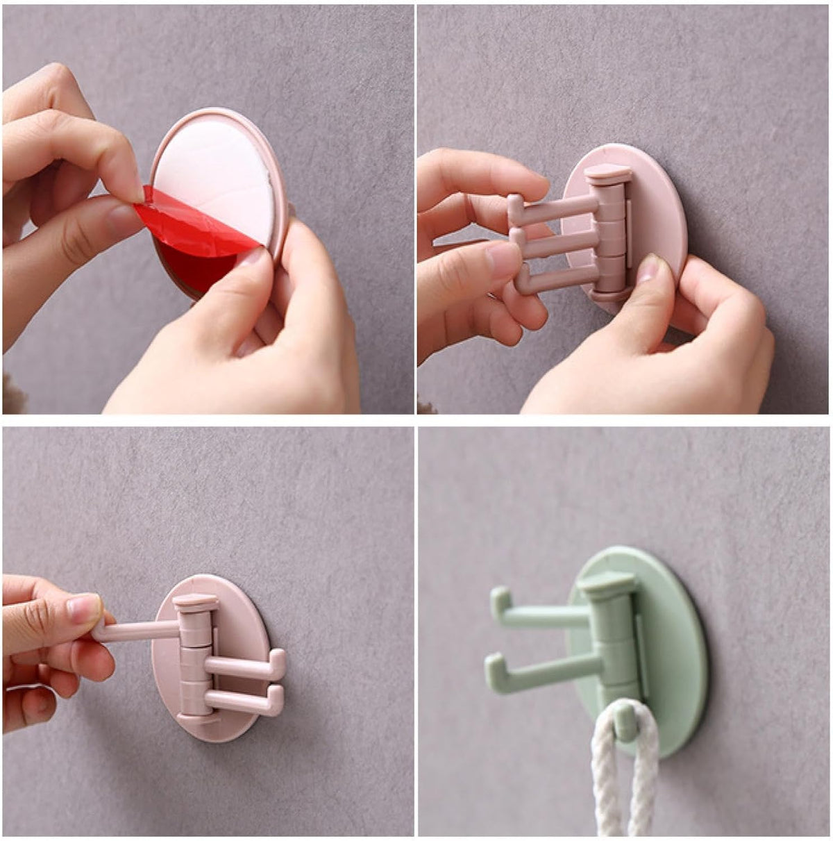 Another view of the 180¡ foldable sticky hook, showcasing its use in kitchen and bathroom.