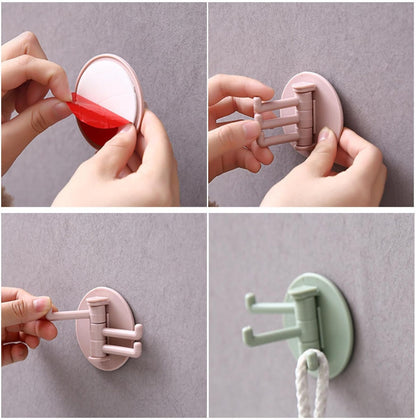Another view of the 180¡ foldable sticky hook, showcasing its use in kitchen and bathroom.
