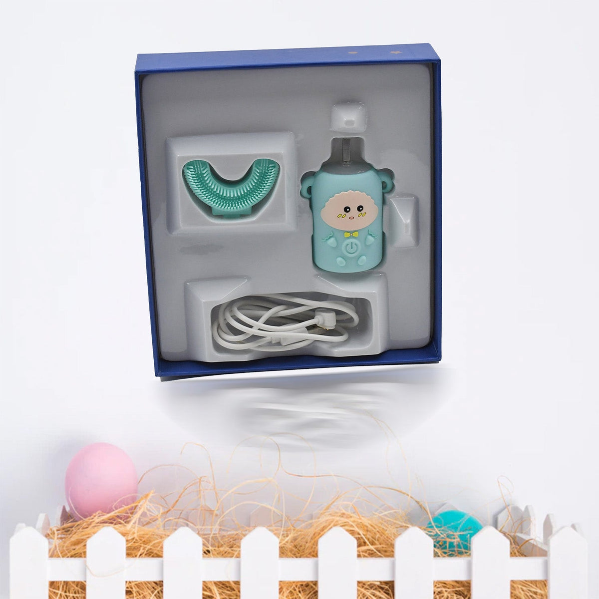 Packaging of the MintGuard U-shaped Kids Electric Toothbrush with key features highlighted.
