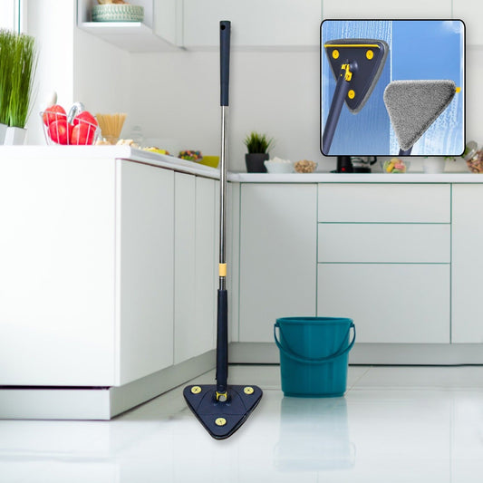 Triangle Cleaning Mop with 360¡ rotatable head and long stainless steel handle.