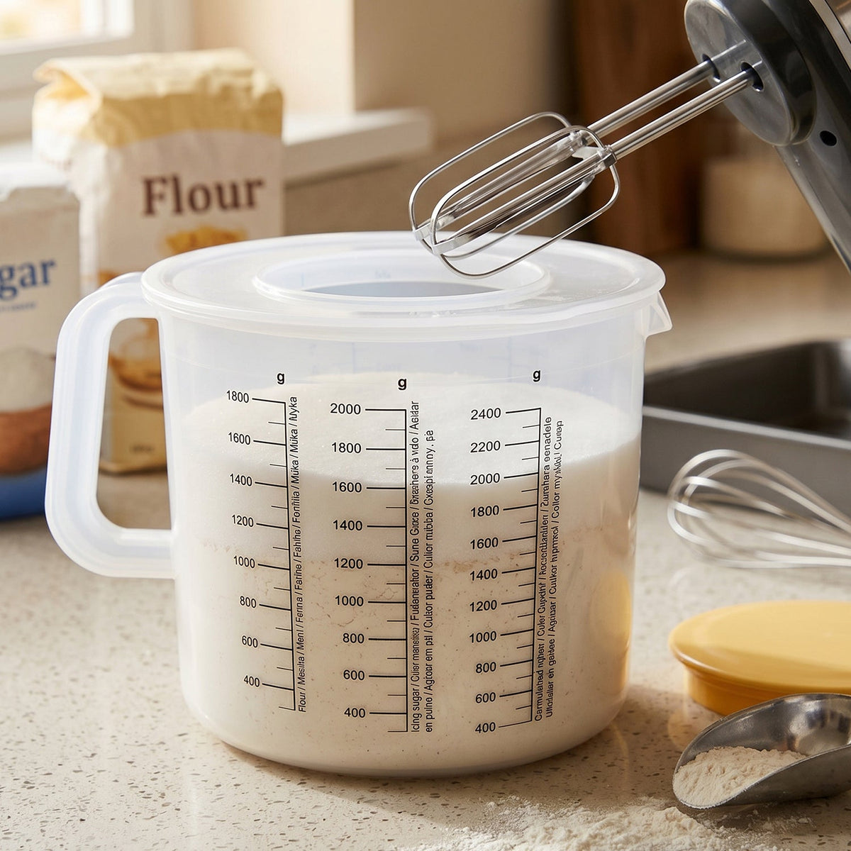 Measuring storage container with ergonomic handle